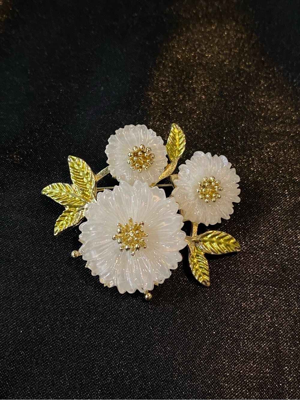 Gold-Trim White Floral Brooch - Women Jewelry